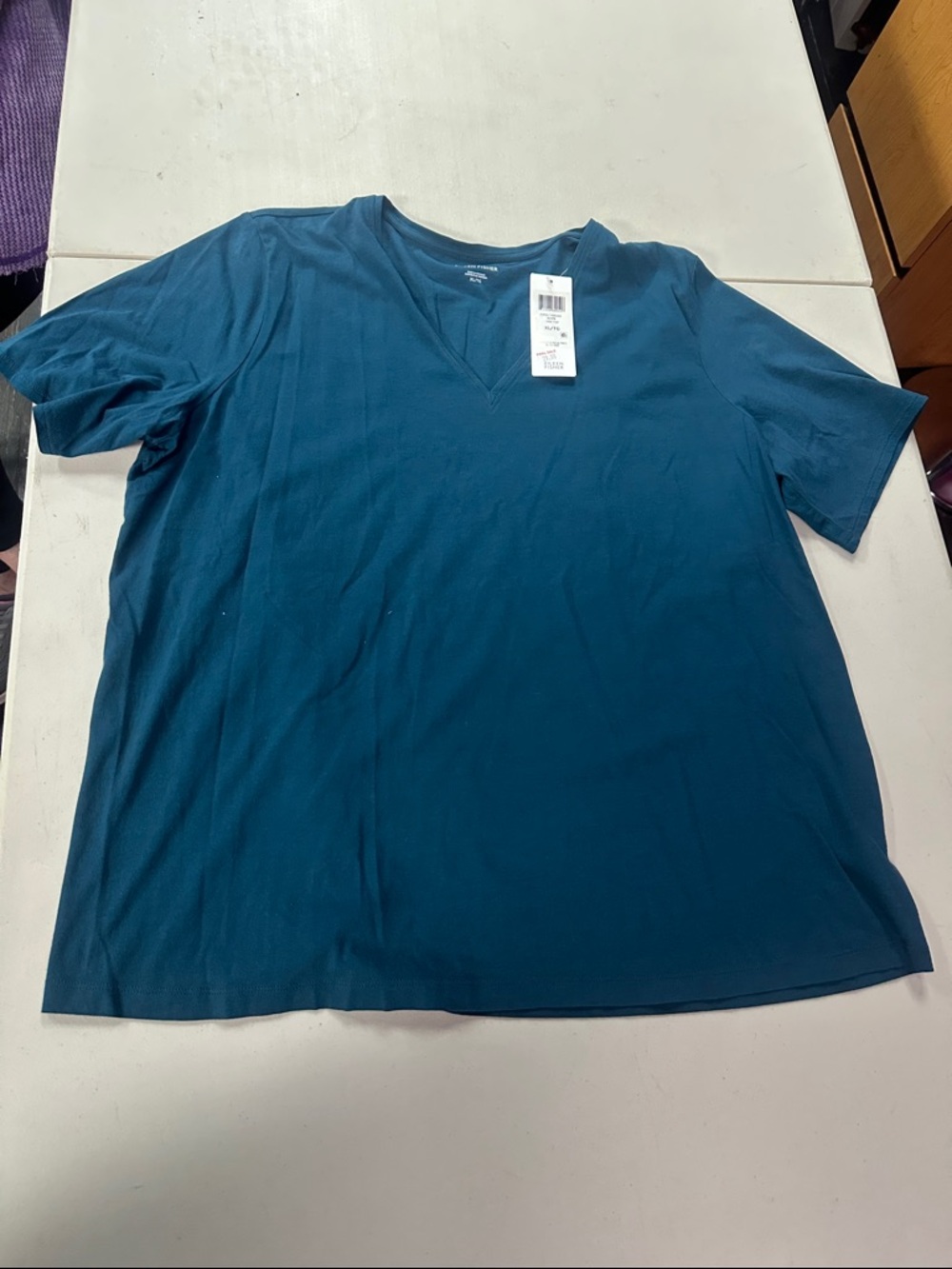 Eileen Fisher Deep Teal V-Neck Short Sleeve Tee NWT XL